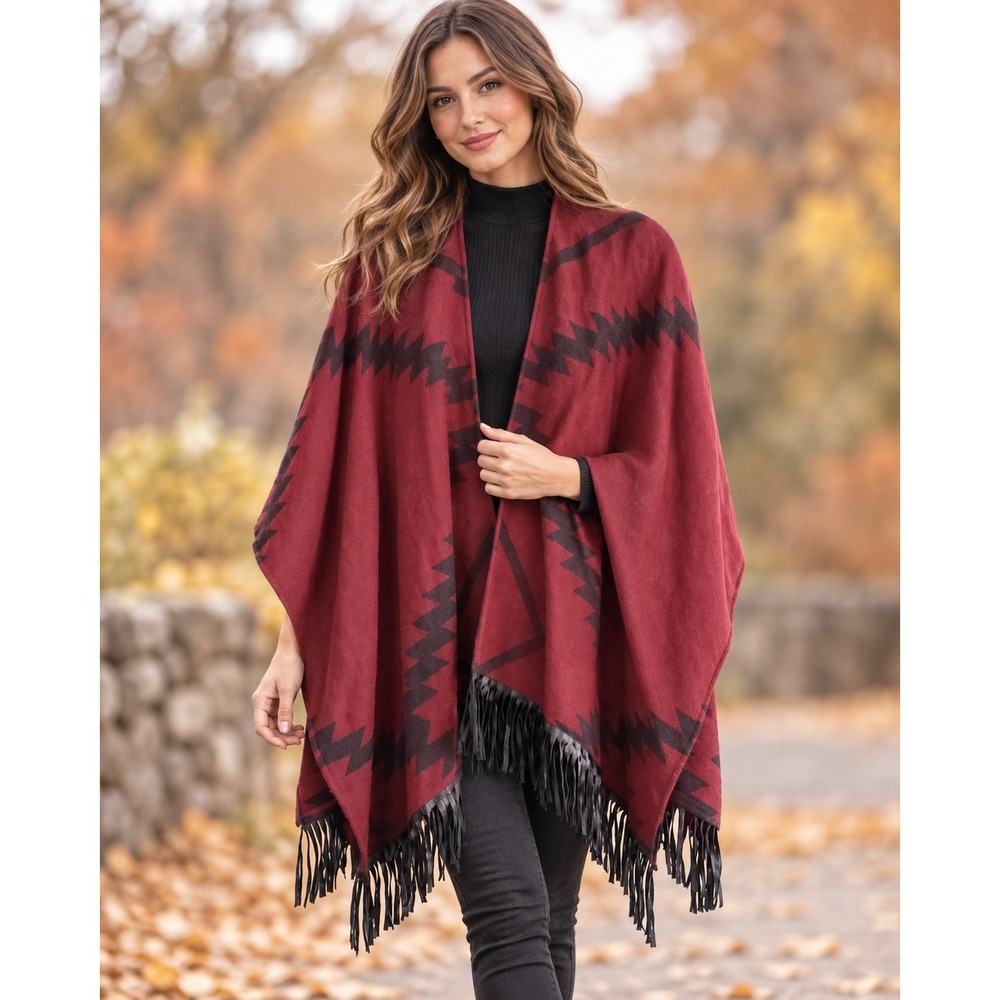 Southwestern Boho Burgundy Black Fringe Blanket Cape Wrap O/S Fall Rustic Ranch